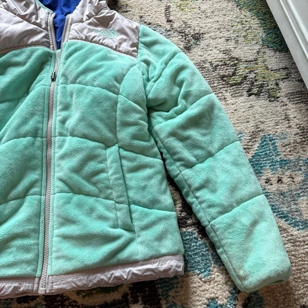 Reversible Green and White the north face Jacket with Blue Hood